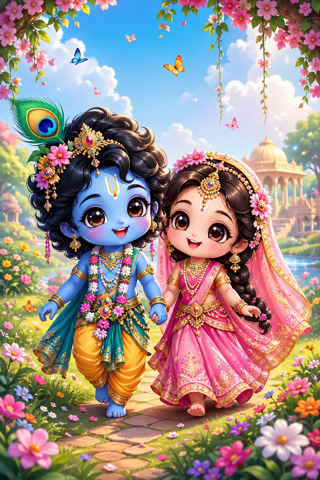 Cute cartoon chibi Radha Krishna holding hands in a flower field with big eyes and kawaii style